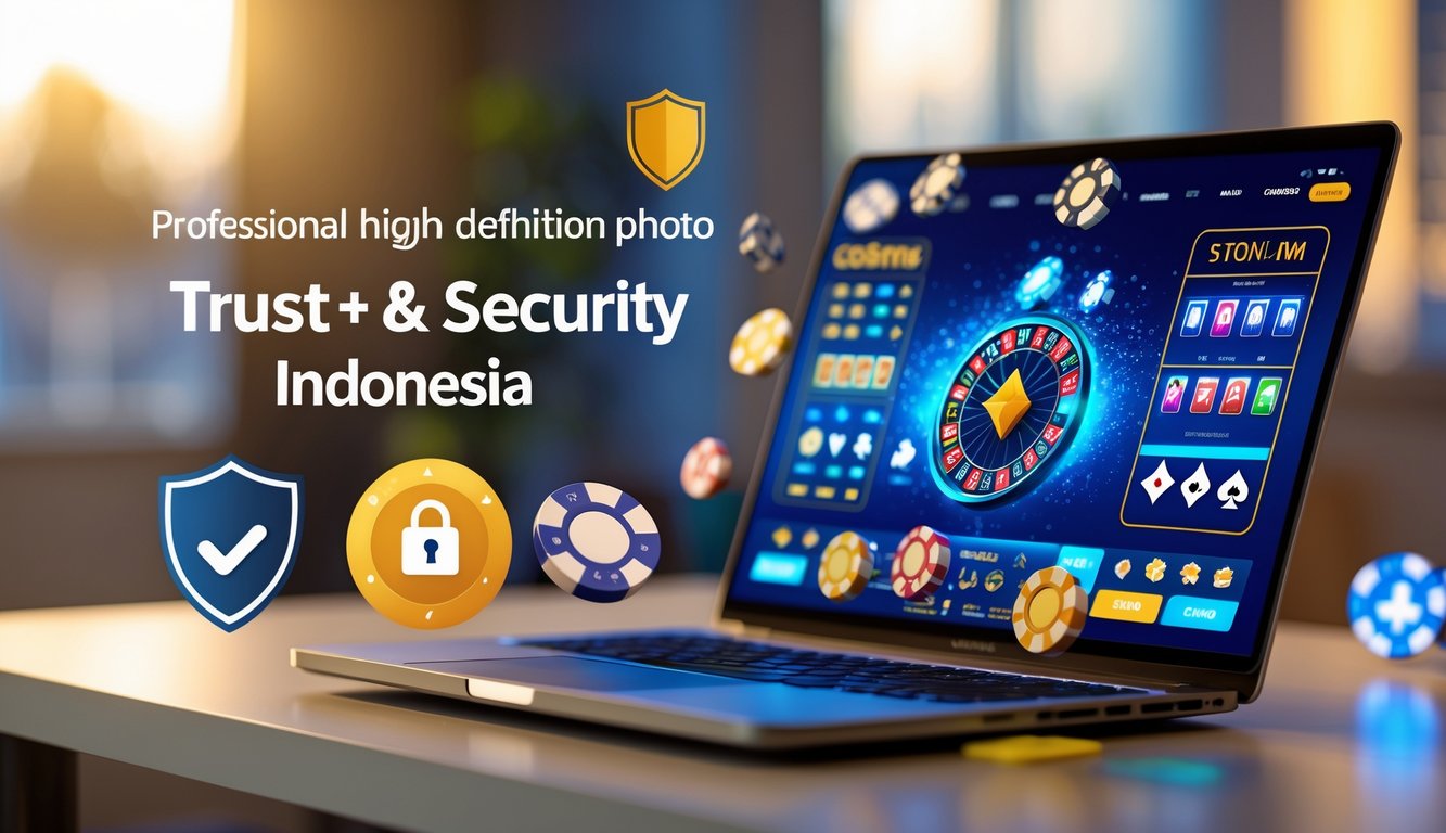 Seorang pengguna sedang mengoperasikan laptop dengan tampilan kasino online yang aman dan terpercaya di lingkungan rumah yang nyaman.