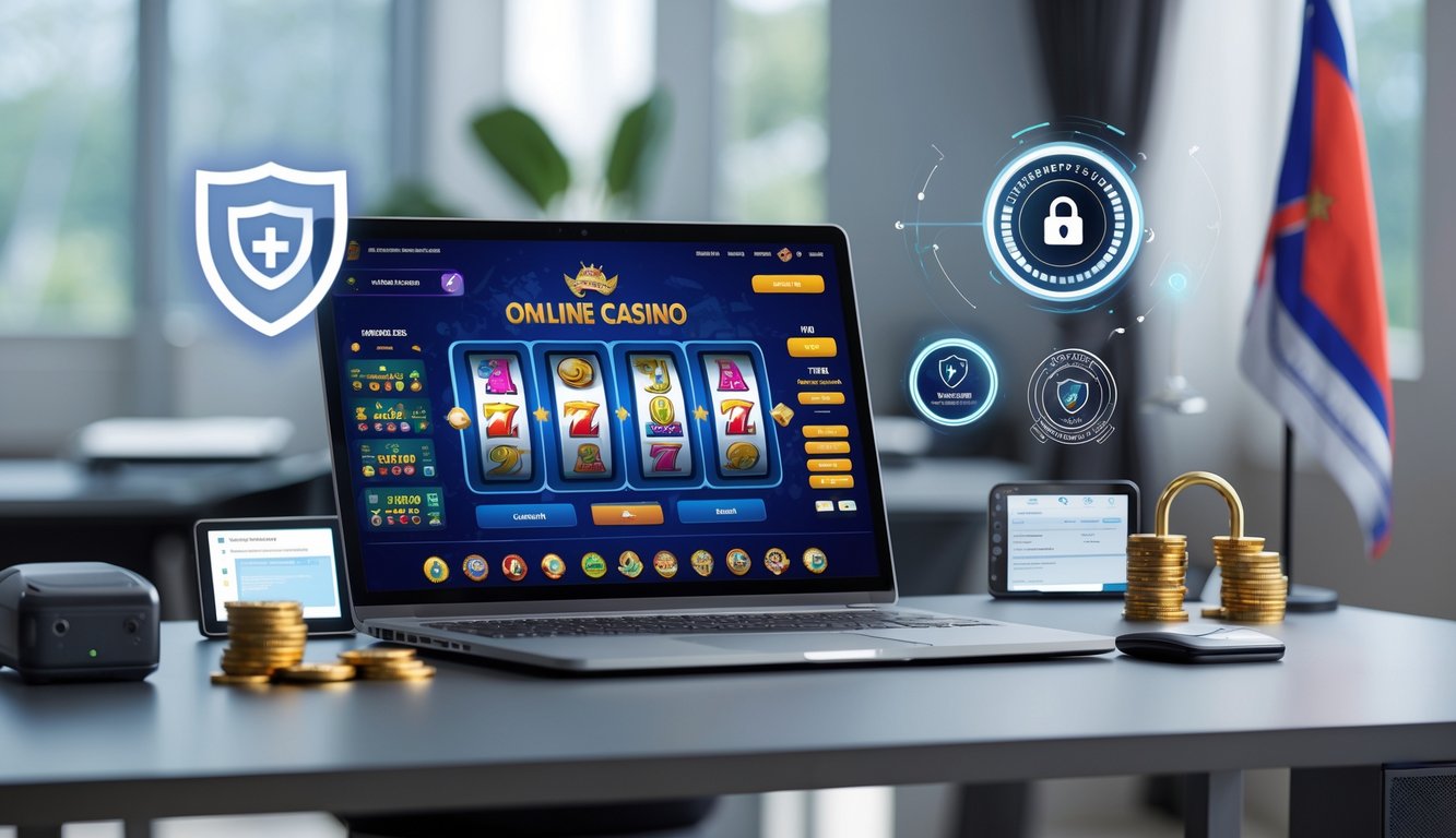 Seorang pengguna di depan komputer dengan layar menampilkan permainan kasino online yang aman dan terpercaya di Indonesia.