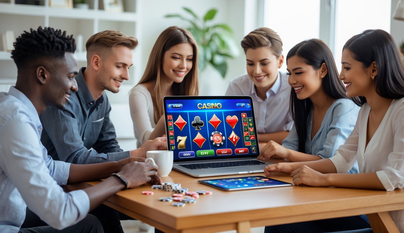 Sekelompok orang muda sedang bermain dan belajar permainan kasino online di ruang tamu yang terang dan nyaman dengan laptop dan tablet di atas meja.