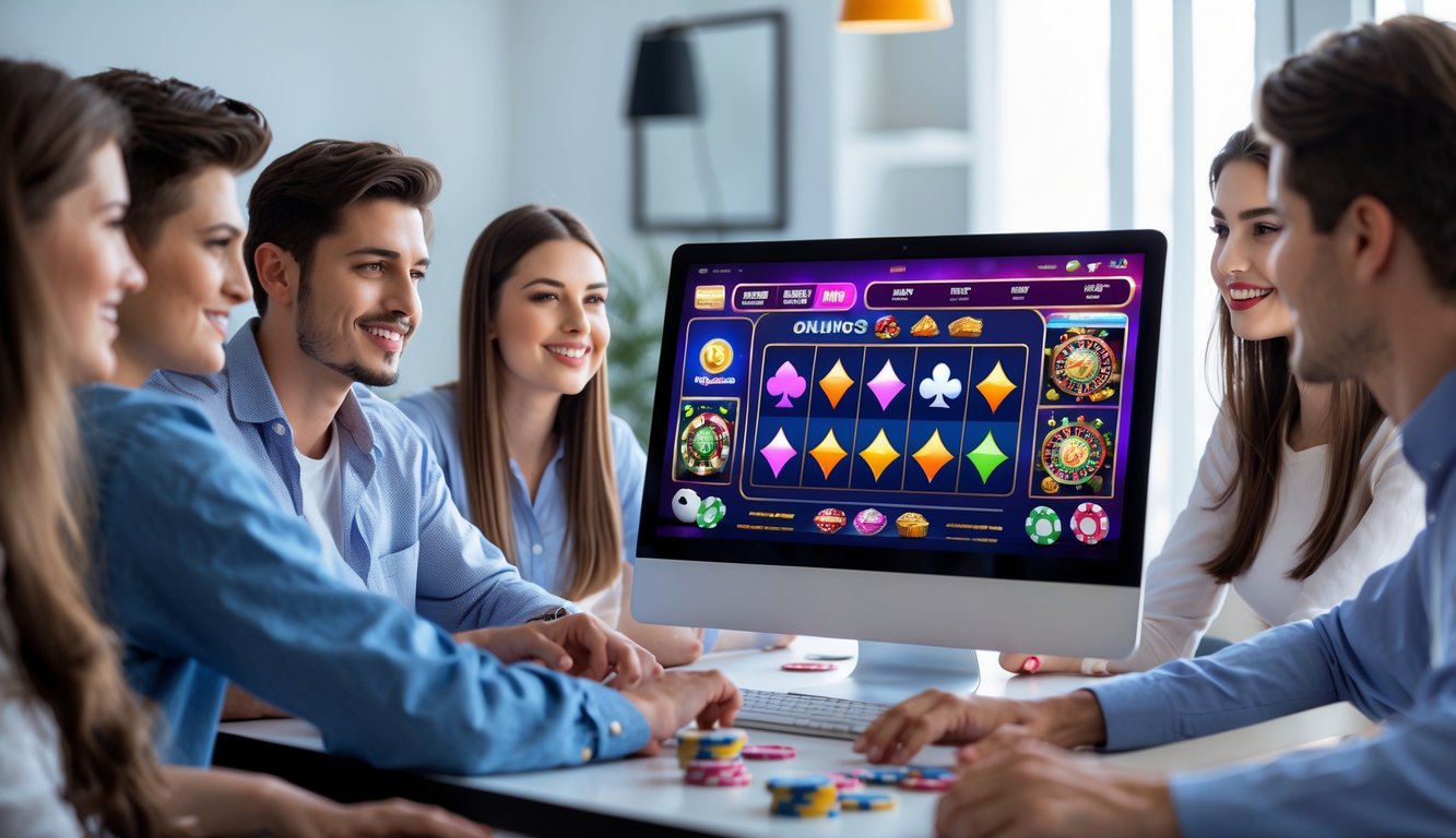 Sekelompok orang muda sedang belajar bermain kasino online di depan komputer di ruangan yang terang dan rapi.