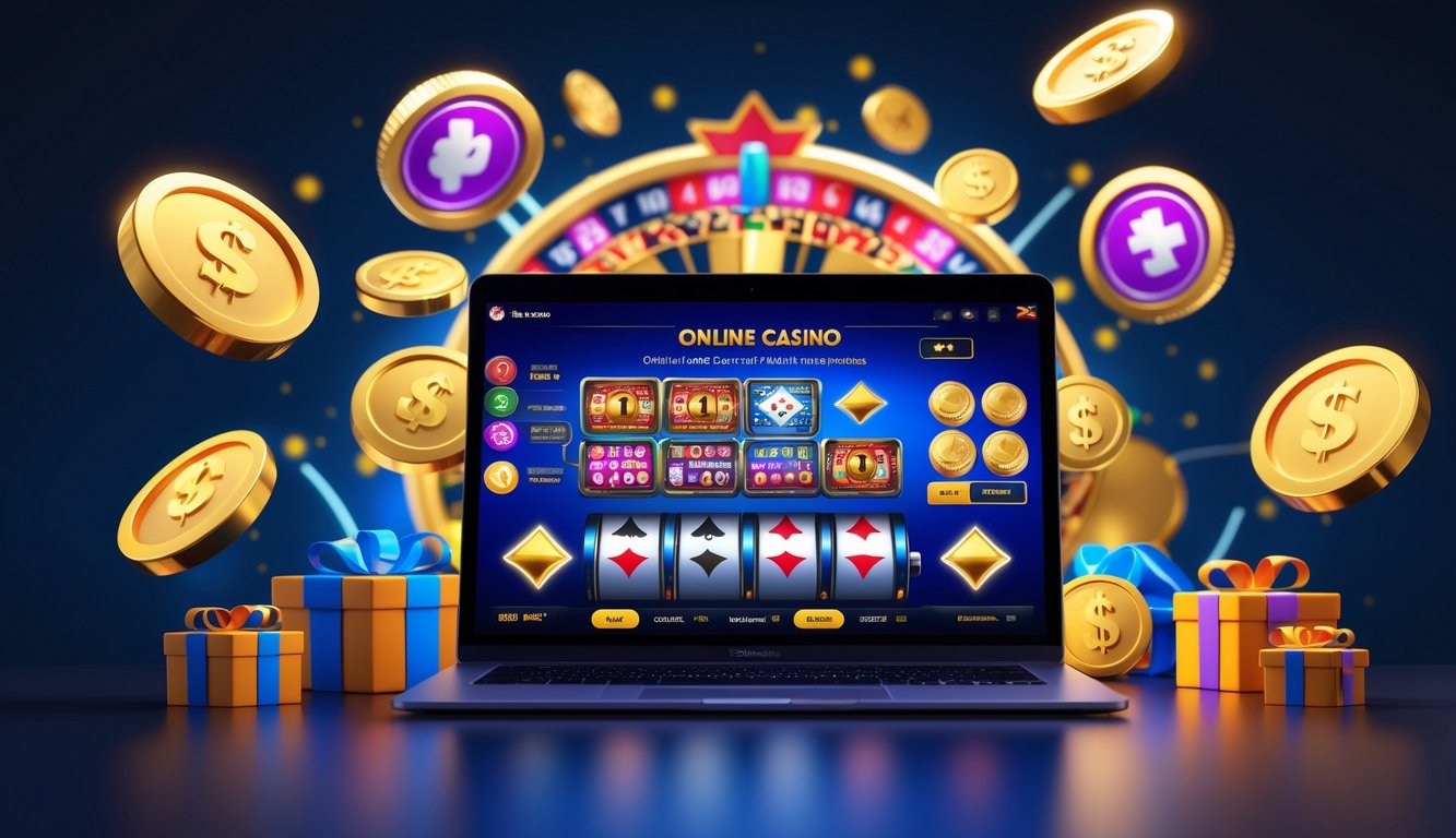 Seseorang menggunakan laptop dengan tampilan permainan kasino online dan simbol bonus di sekitarnya.