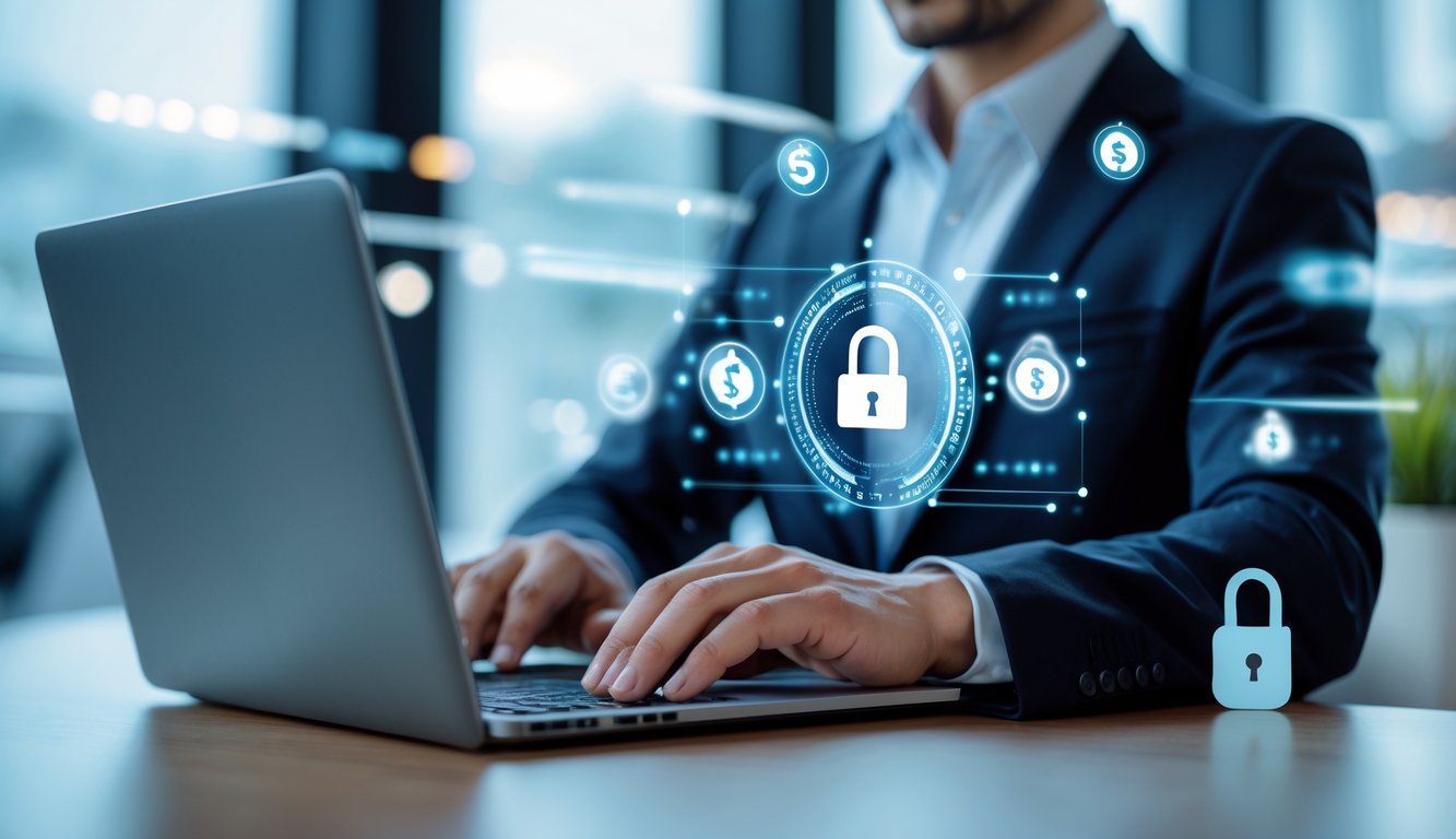 Seseorang menggunakan laptop atau ponsel di lingkungan kasino online yang modern dengan simbol keamanan dan transaksi cepat.