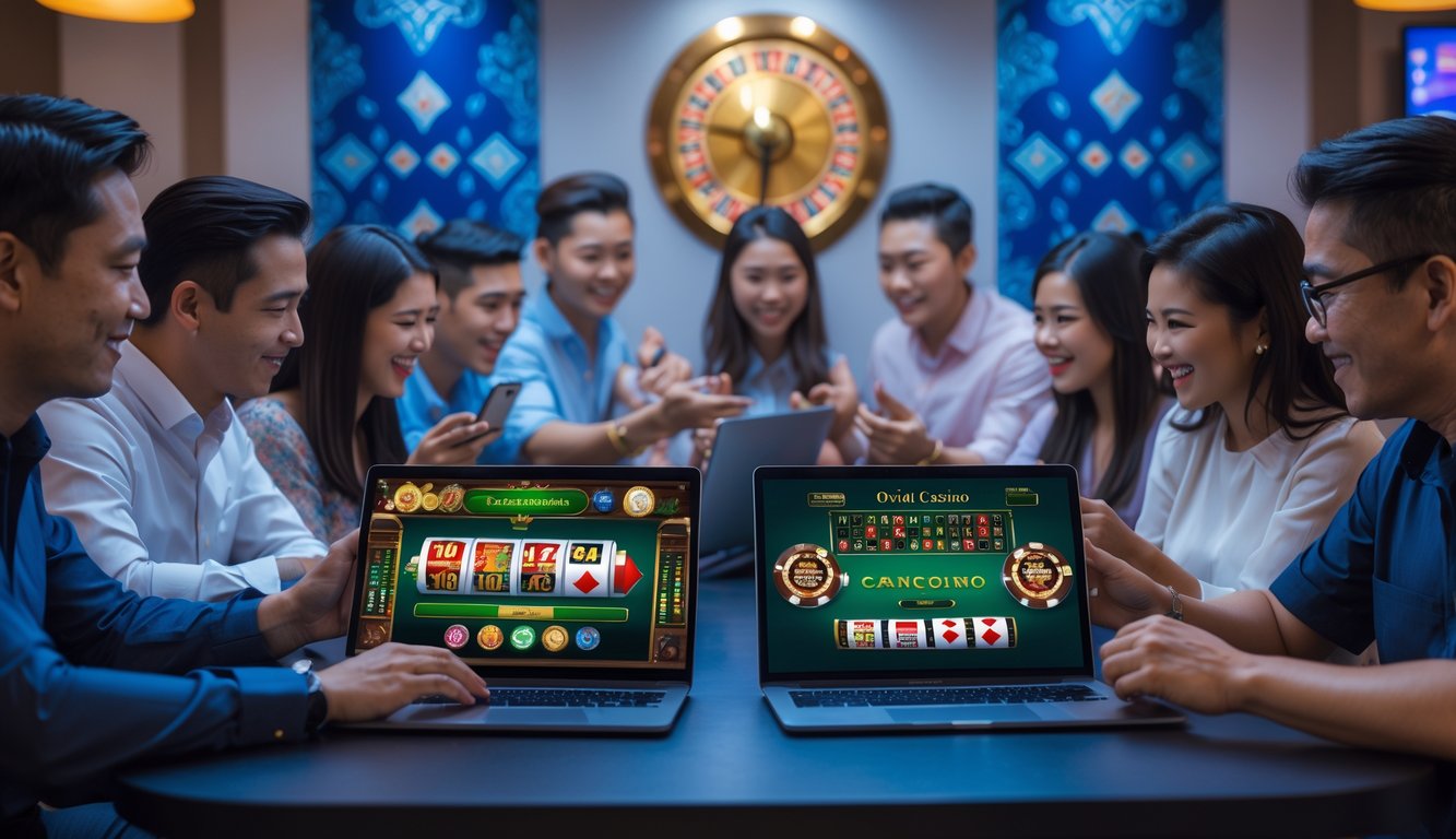 Sekelompok pemain yang antusias menggunakan laptop dan ponsel di ruangan modern dengan dekorasi khas Indonesia, sedang bermain permainan kasino online.