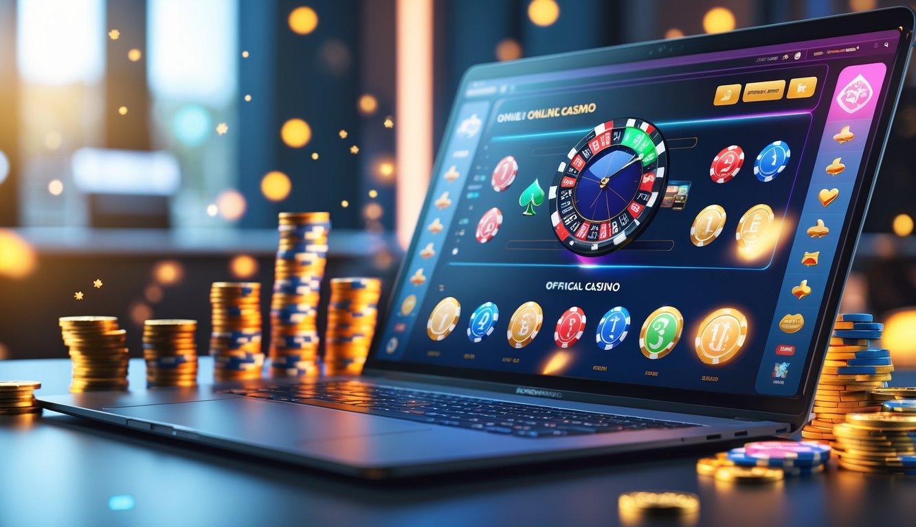 Suasana kasino online resmi dengan layar komputer menampilkan permainan kasino dan tumpukan chip poker serta koin emas di sekitarnya.