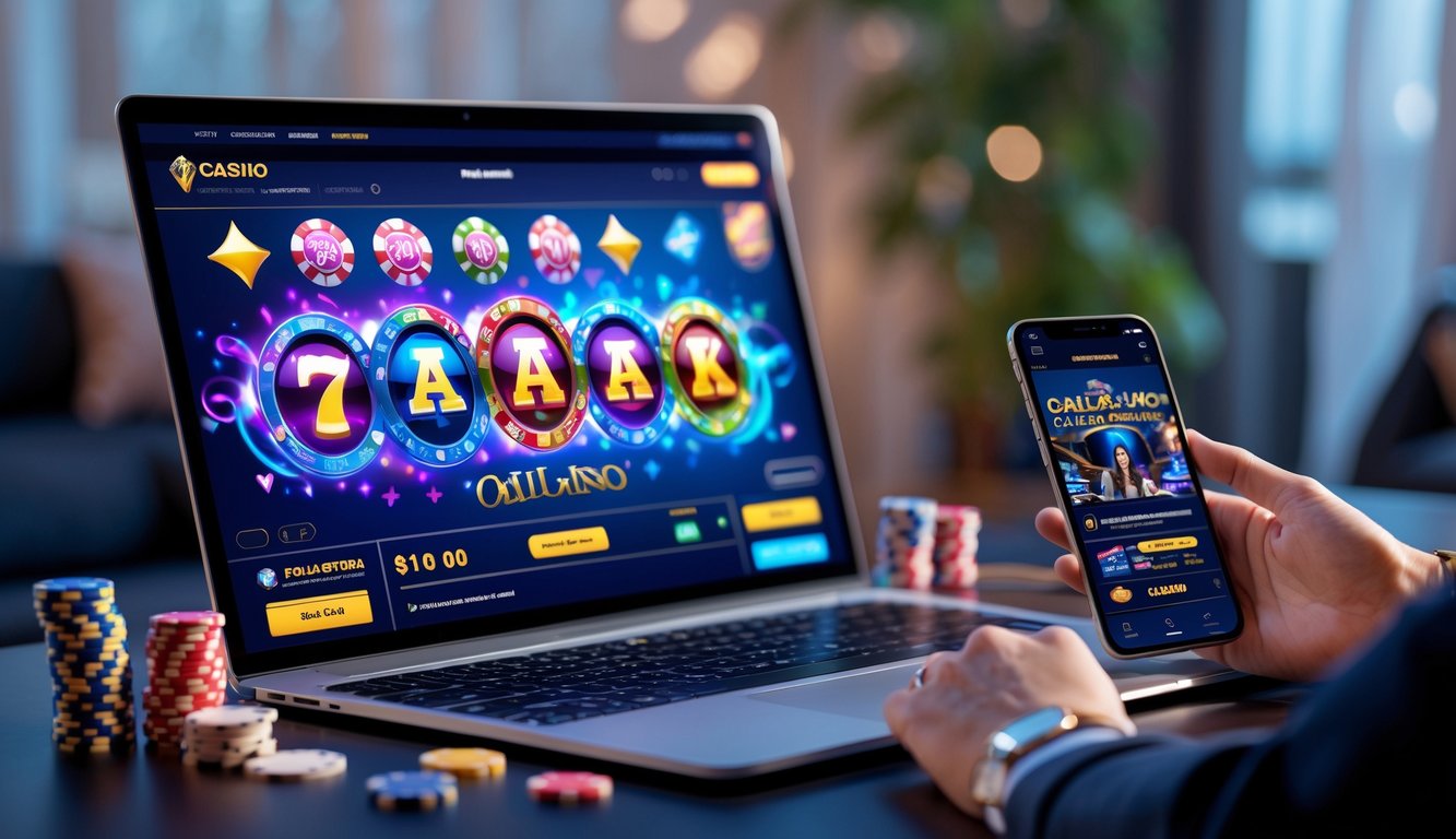 Layar komputer dan ponsel menampilkan permainan slot dan kasino langsung di lingkungan rumah yang nyaman dengan dekorasi kasino di meja.