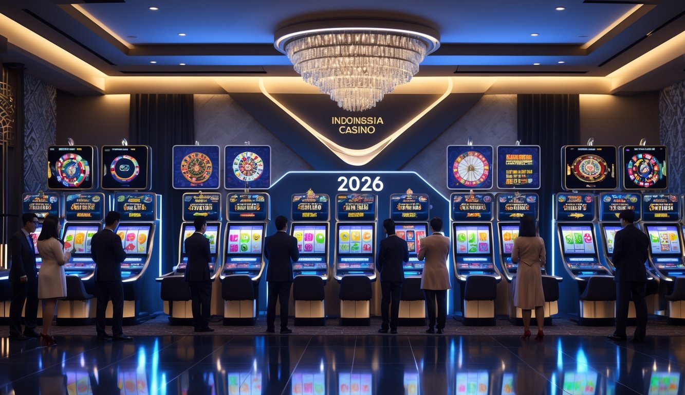 Orang-orang sedang bermain permainan kasino online di ruangan modern dengan layar besar dan dekorasi bergaya Indonesia.