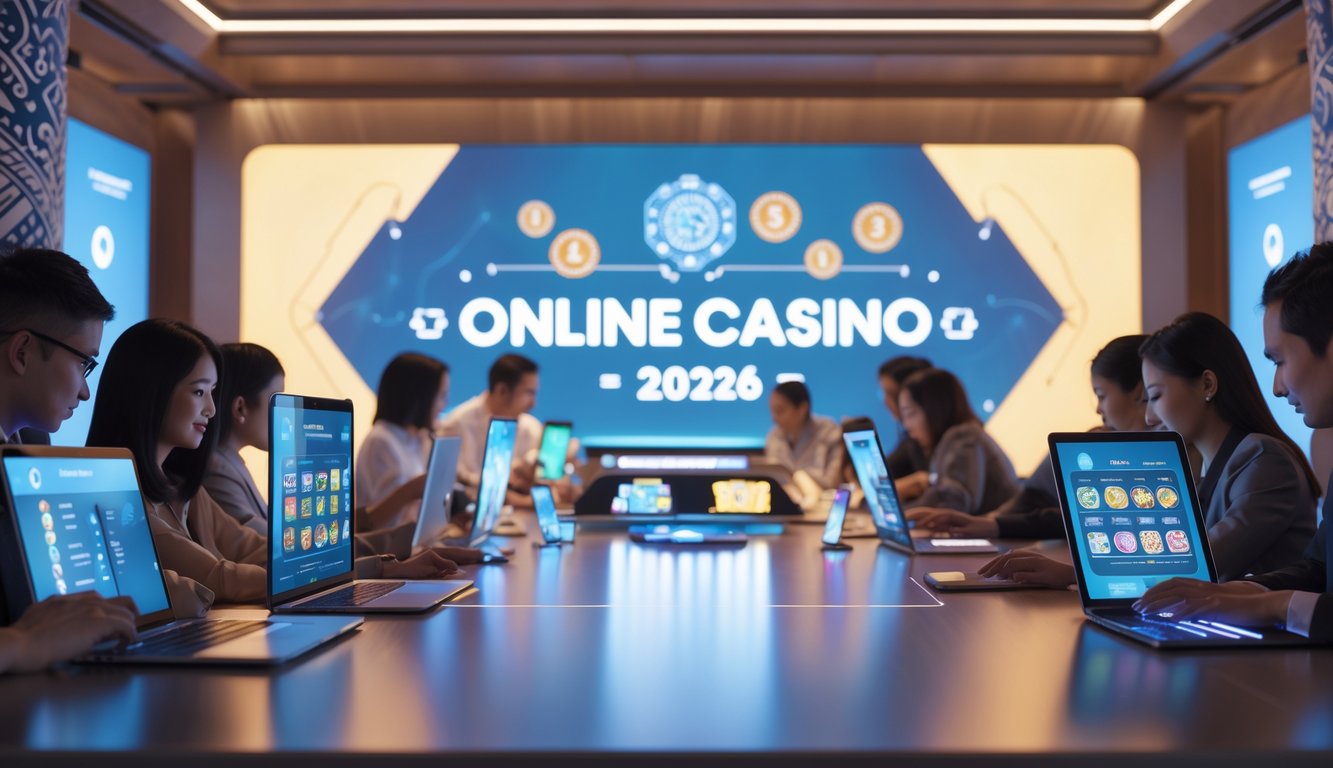 Orang-orang menggunakan perangkat digital untuk bermain permainan kasino online di lingkungan modern dengan elemen budaya Indonesia.