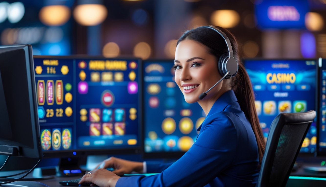 Seorang perwakilan layanan pelanggan dengan headset duduk di depan komputer dengan layar permainan kasino online yang cerah.