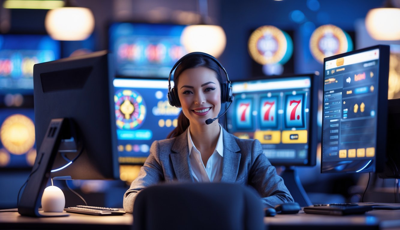 Seorang perwakilan layanan pelanggan kasino online duduk di depan komputer dengan headset, tersenyum di lingkungan kerja modern yang menunjukkan layanan dukungan 24 jam.