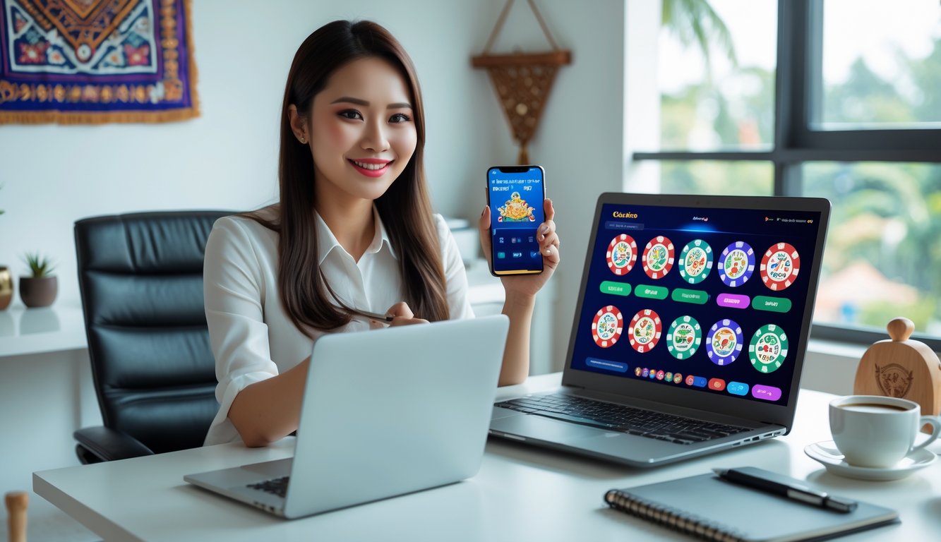 Seorang wanita muda Indonesia duduk di meja dengan laptop dan ponsel, tersenyum sambil menggunakan situs kasino online di ruang kerja yang terang dan rapi.