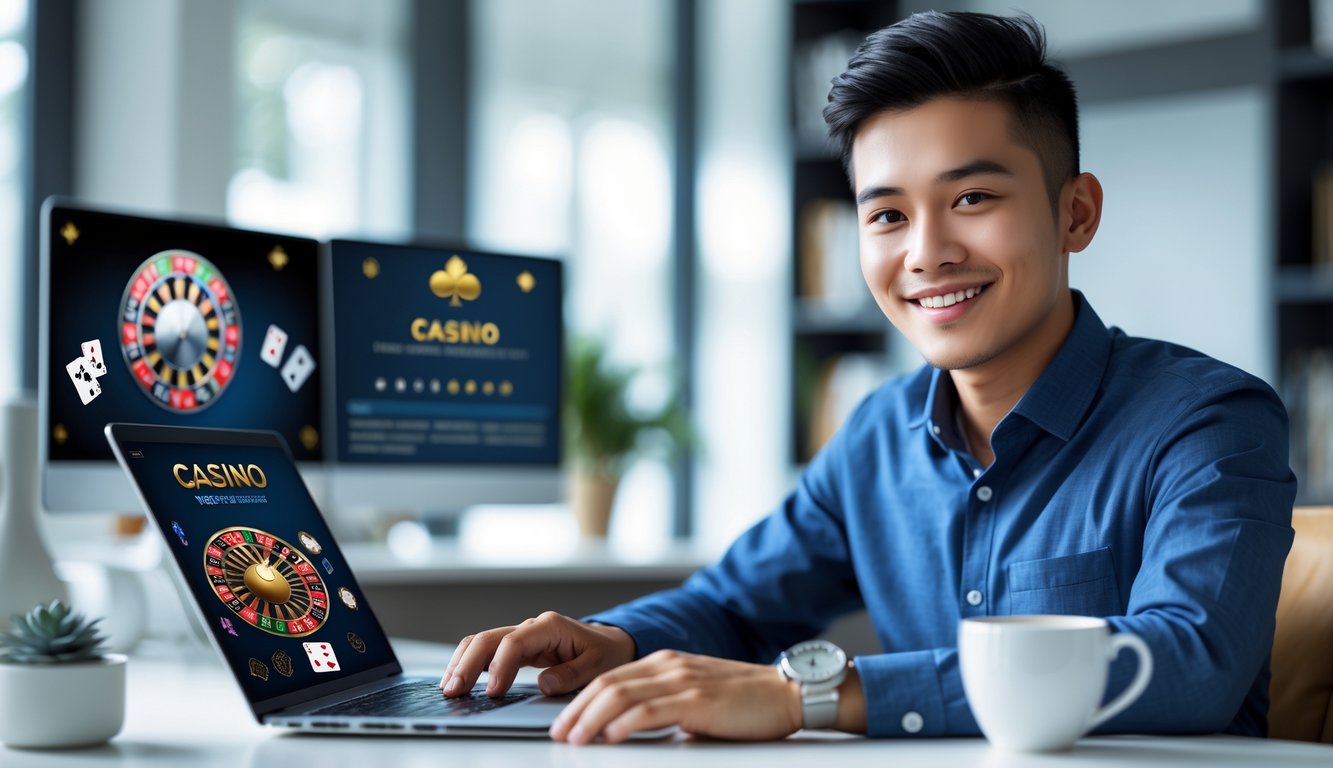 Seorang pria muda Indonesia duduk di meja dengan laptop, terlihat fokus dan tersenyum saat menggunakan situs kasino online dengan latar belakang ruang kerja yang nyaman.