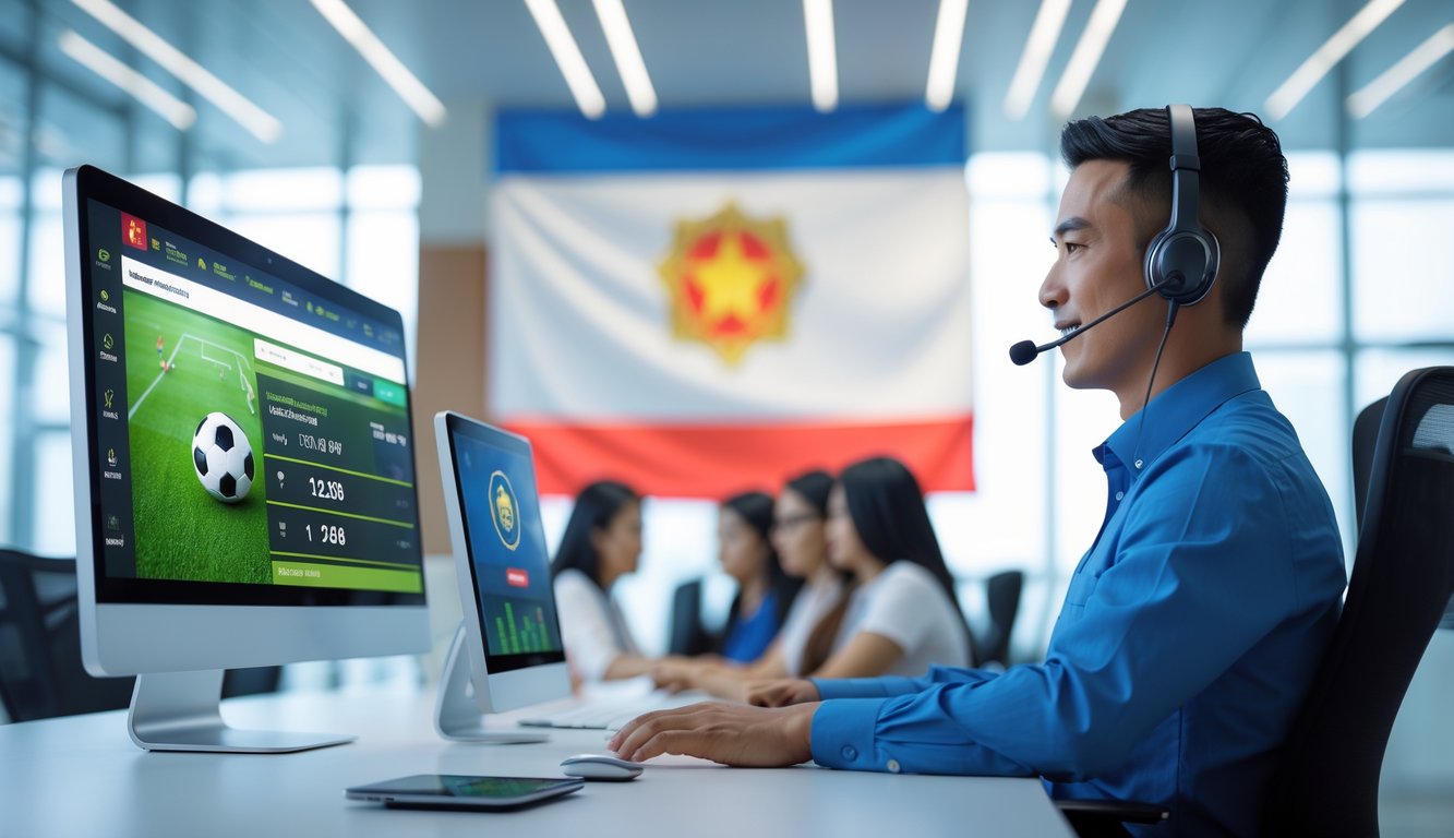 Seorang perwakilan layanan pelanggan yang ramah membantu pengguna dengan antarmuka taruhan sepak bola online di lingkungan kantor modern.