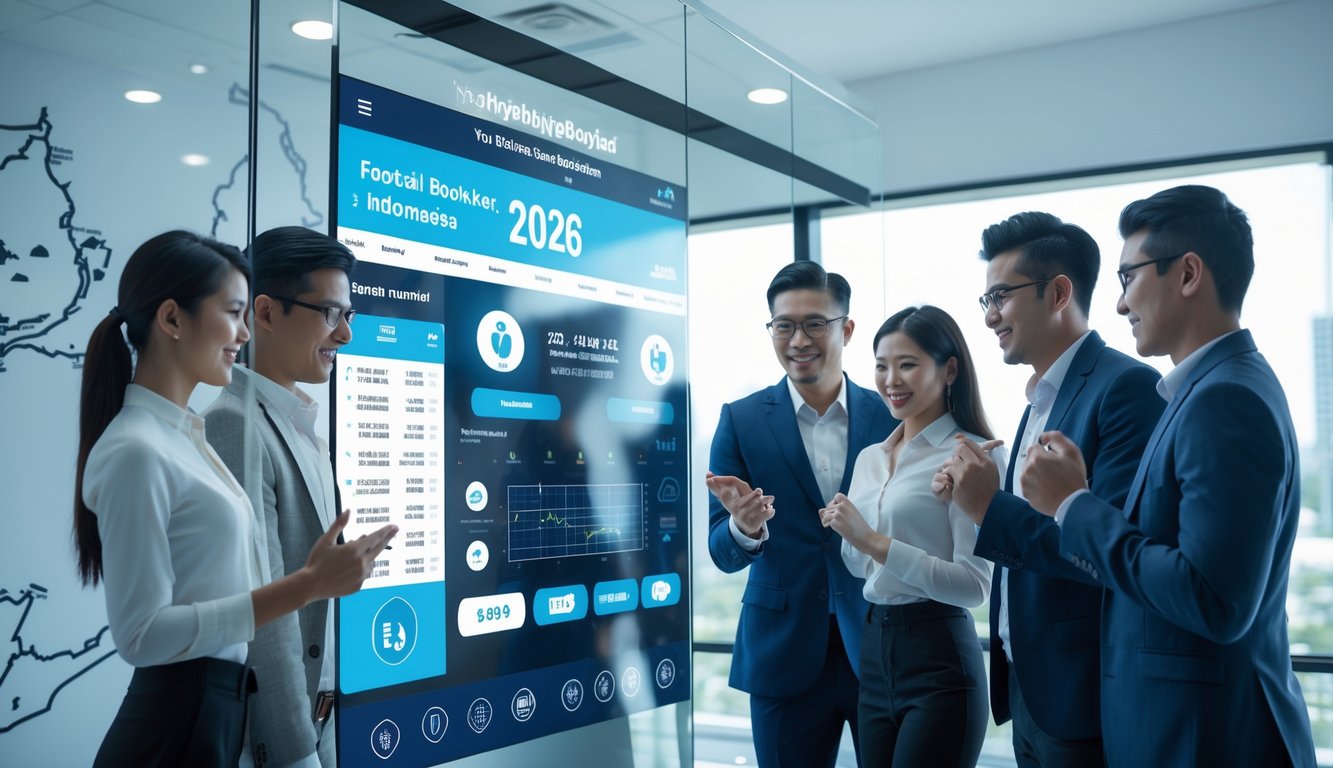 Sekelompok profesional muda Indonesia menggunakan layar sentuh digital untuk melihat statistik dan pembaruan pertandingan sepak bola secara online di kantor modern.