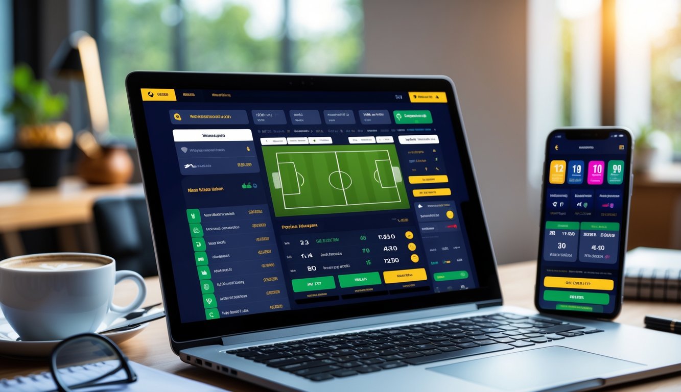 Seorang pria menggunakan laptop dan ponsel untuk memasang taruhan bola online di meja kerja modern.