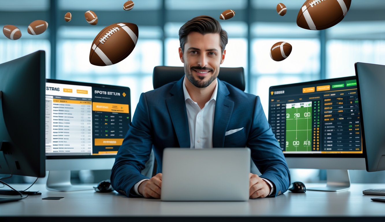 Seorang pria profesional duduk di meja dengan beberapa layar komputer menampilkan statistik taruhan olahraga, di kantor modern yang terang.