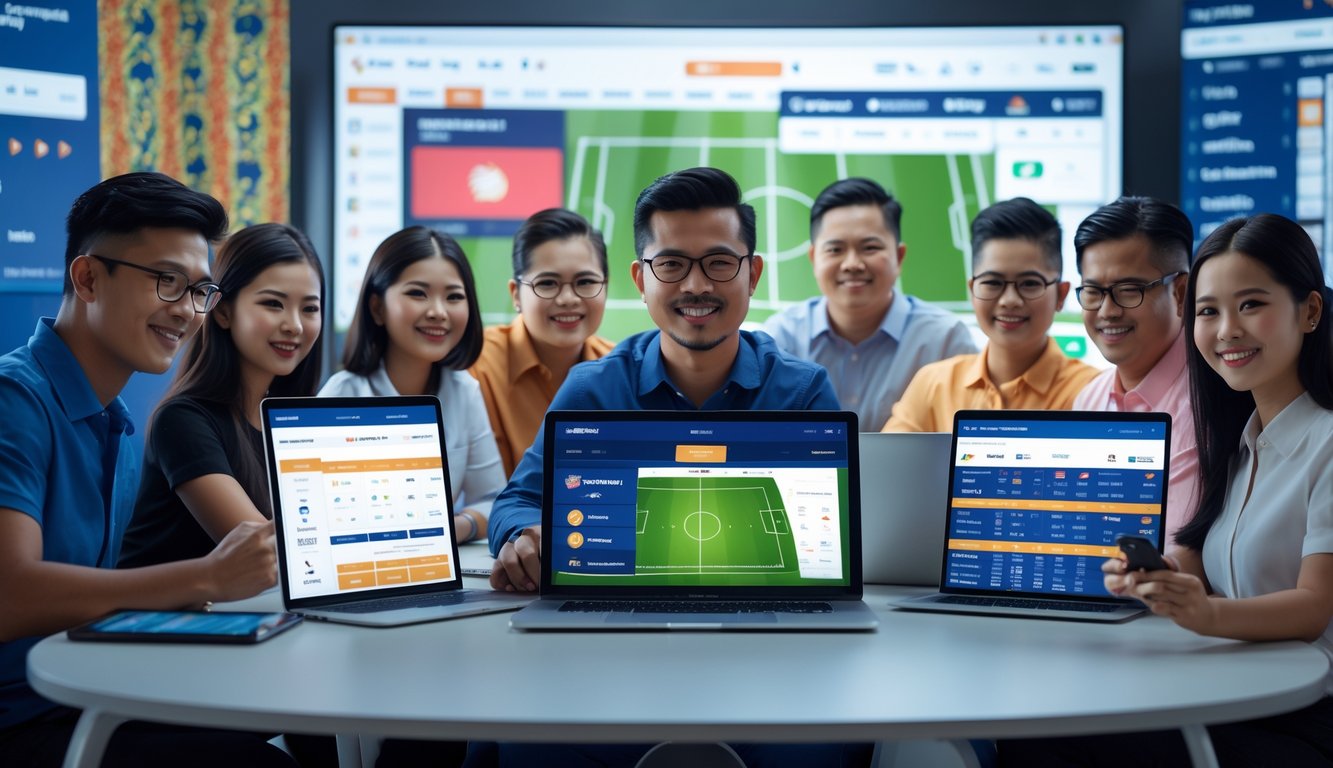 Sekelompok orang menggunakan perangkat digital untuk memasang taruhan sepak bola online di sebuah ruangan modern dengan elemen budaya Indonesia.