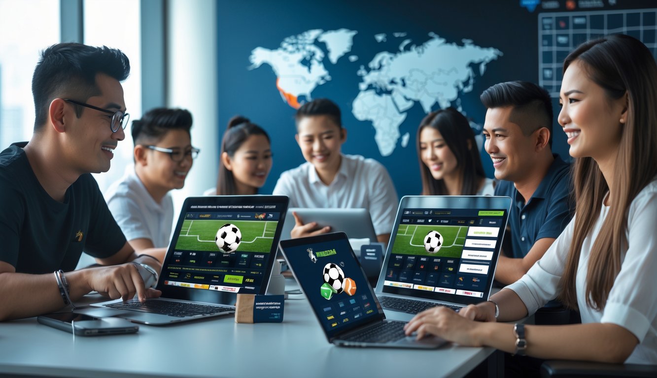 Sekelompok orang beragam sedang menggunakan perangkat digital untuk taruhan olahraga online dengan latar belakang elemen yang menunjukkan Indonesia.