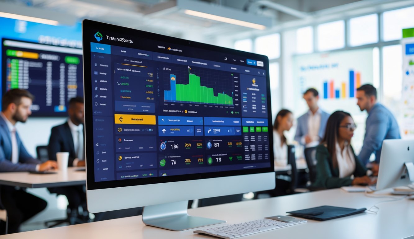 Sebuah ruangan kantor modern dengan komputer menampilkan antarmuka taruhan olahraga online dan beberapa orang sedang bekerja bersama.