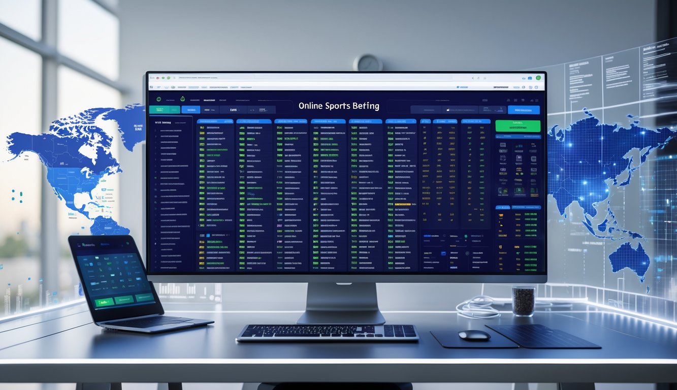 Sebuah ruang kerja modern dengan layar komputer menampilkan tabel liga sepak bola internasional dan skor pertandingan secara langsung.