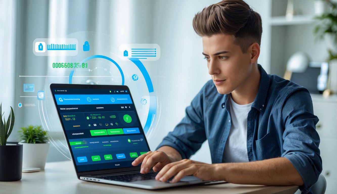 Seorang dewasa muda menggunakan laptop di ruang kerja rumah yang rapi, menampilkan aktivitas transaksi online yang aman dan cepat.