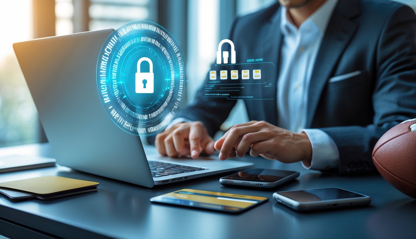 Seorang profesional menggunakan laptop dan ponsel di meja kerja dengan ikon kunci keamanan dan bola sepak di dekatnya.