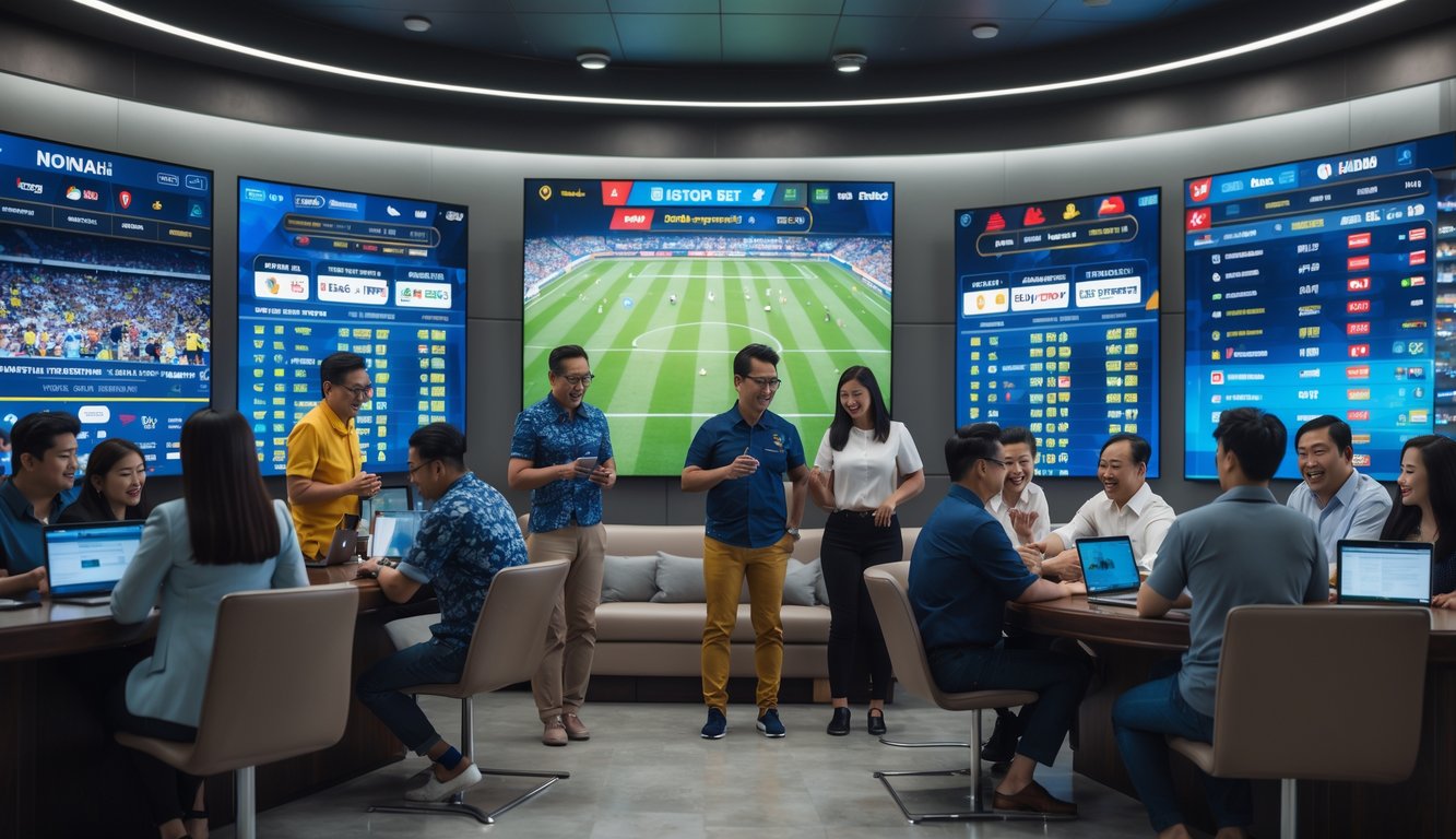 Sekelompok orang sedang menggunakan perangkat digital untuk taruhan bola online di ruangan modern dengan layar besar menampilkan pertandingan sepak bola.