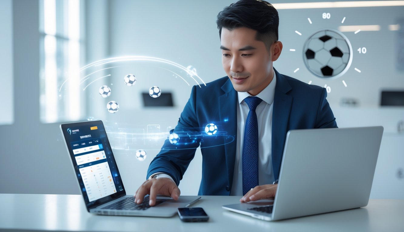 Seorang pria menggunakan laptop dan ponsel di ruang kantor modern dengan simbol sepak bola dan jam layanan 24 jam.