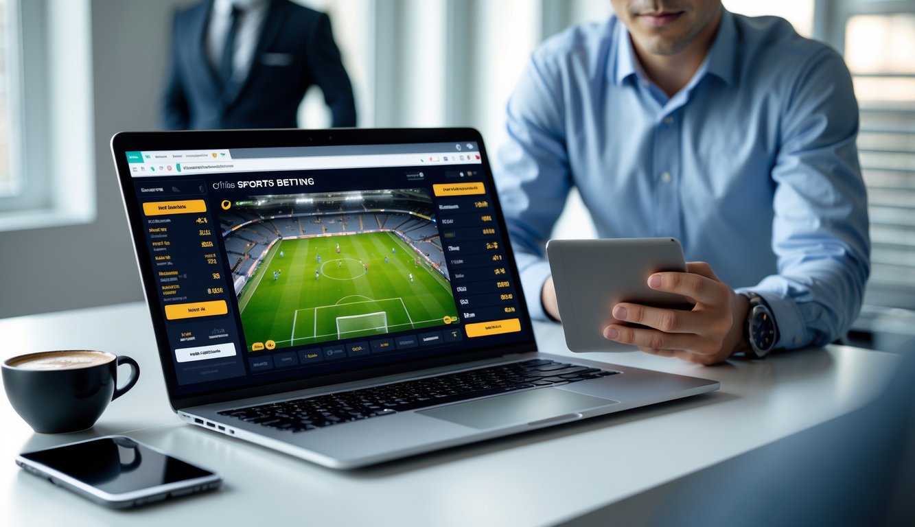 Seorang pria muda sedang menggunakan laptop dan tablet di meja kerja dengan pertandingan sepak bola di layar.