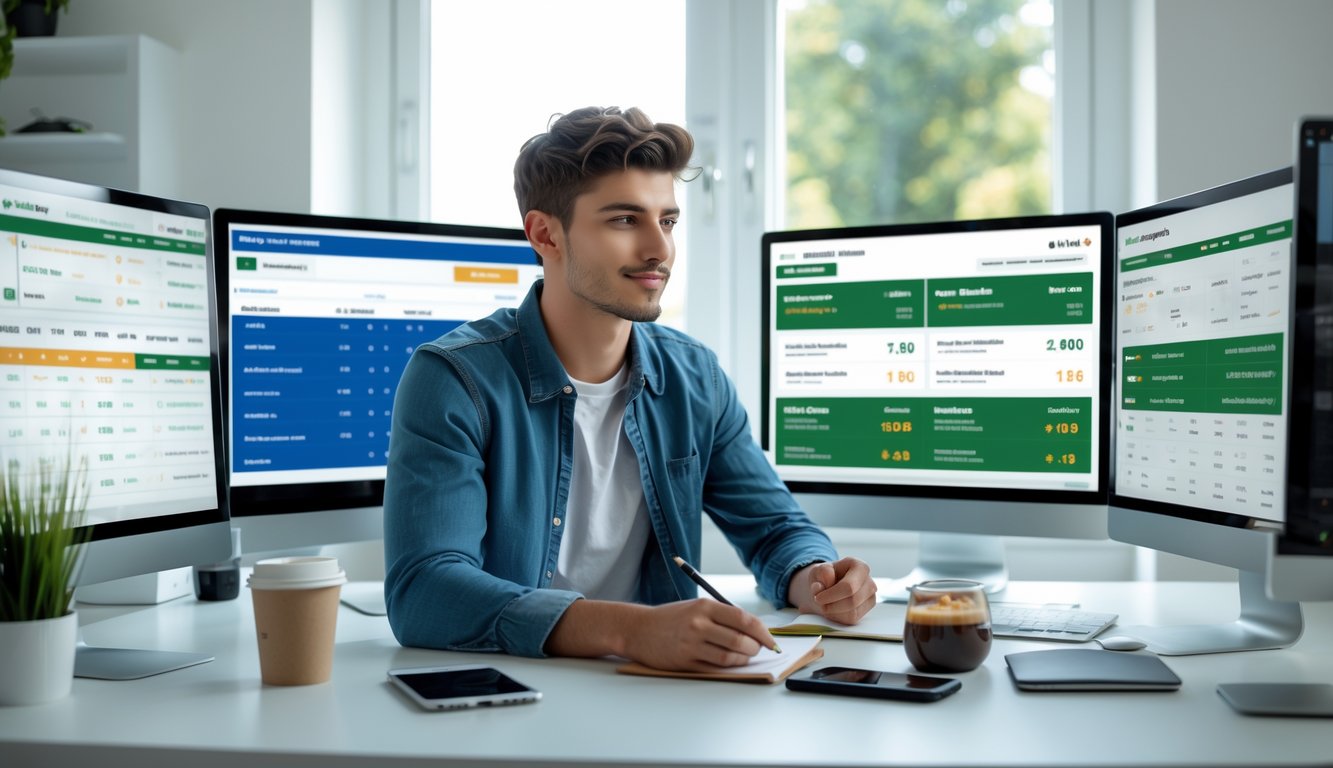 Seorang pria muda duduk di meja dengan beberapa layar komputer menampilkan grafik pertandingan sepak bola dan peluang taruhan, sedang menganalisis data dengan serius di ruang kerja yang terang.