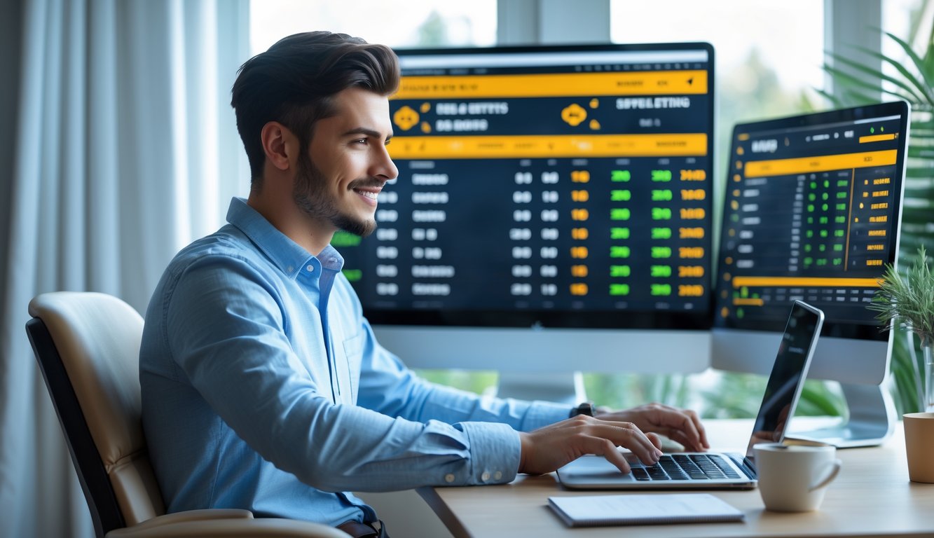 Seorang pria muda duduk di meja dengan laptop dan layar komputer menampilkan statistik taruhan olahraga online.