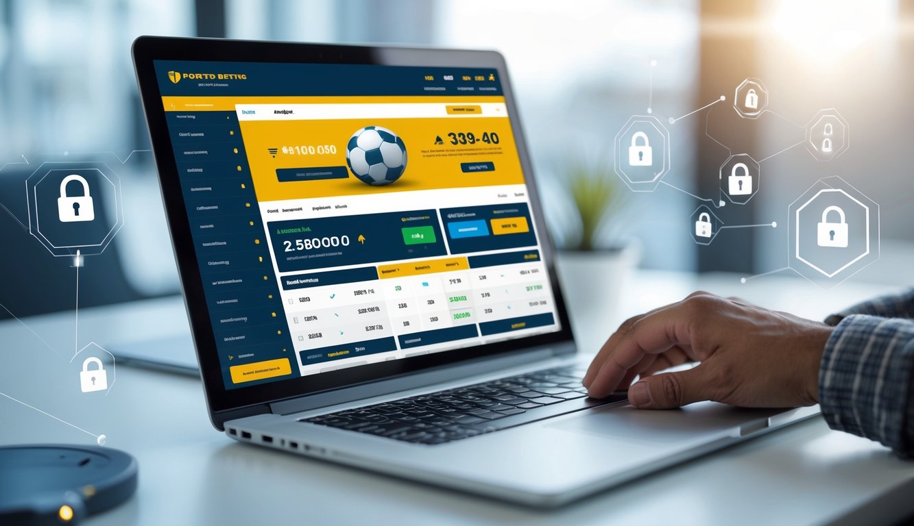 Seseorang menggunakan laptop di meja kerja dengan tampilan situs taruhan olahraga online dan ikon keamanan digital di latar belakang.