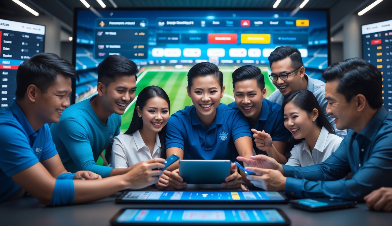 Sekelompok orang Indonesia yang antusias berkumpul di depan layar digital besar menampilkan berbagai pilihan taruhan dan pertandingan sepak bola langsung.