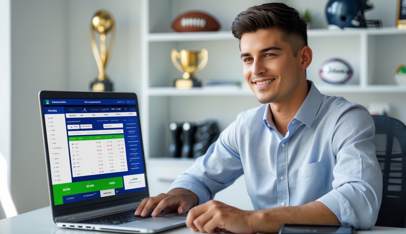 Seorang pria muda duduk di meja dengan laptop, fokus menggunakan situs taruhan olahraga online di ruang kerja yang terang dan rapi.