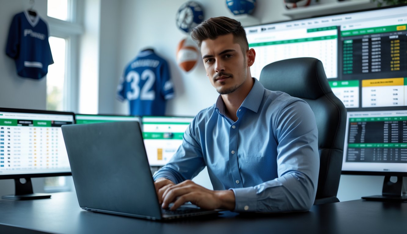 Seorang pria muda duduk di meja dengan laptop dan beberapa layar yang menampilkan statistik taruhan olahraga.