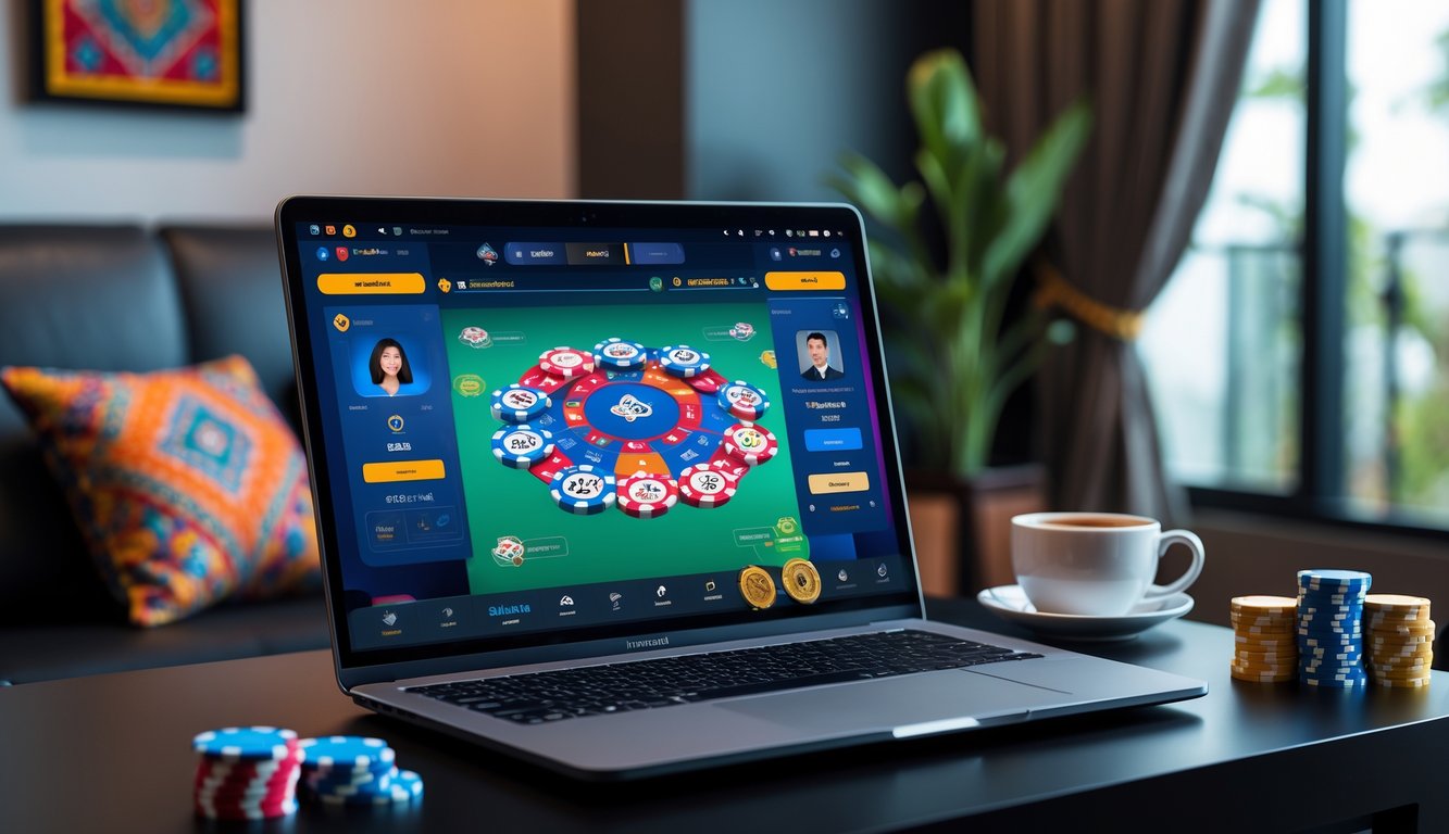 Seorang pemain poker online menggunakan komputer di ruang bermain yang nyaman dengan tumpukan chip dan kartu poker di meja.