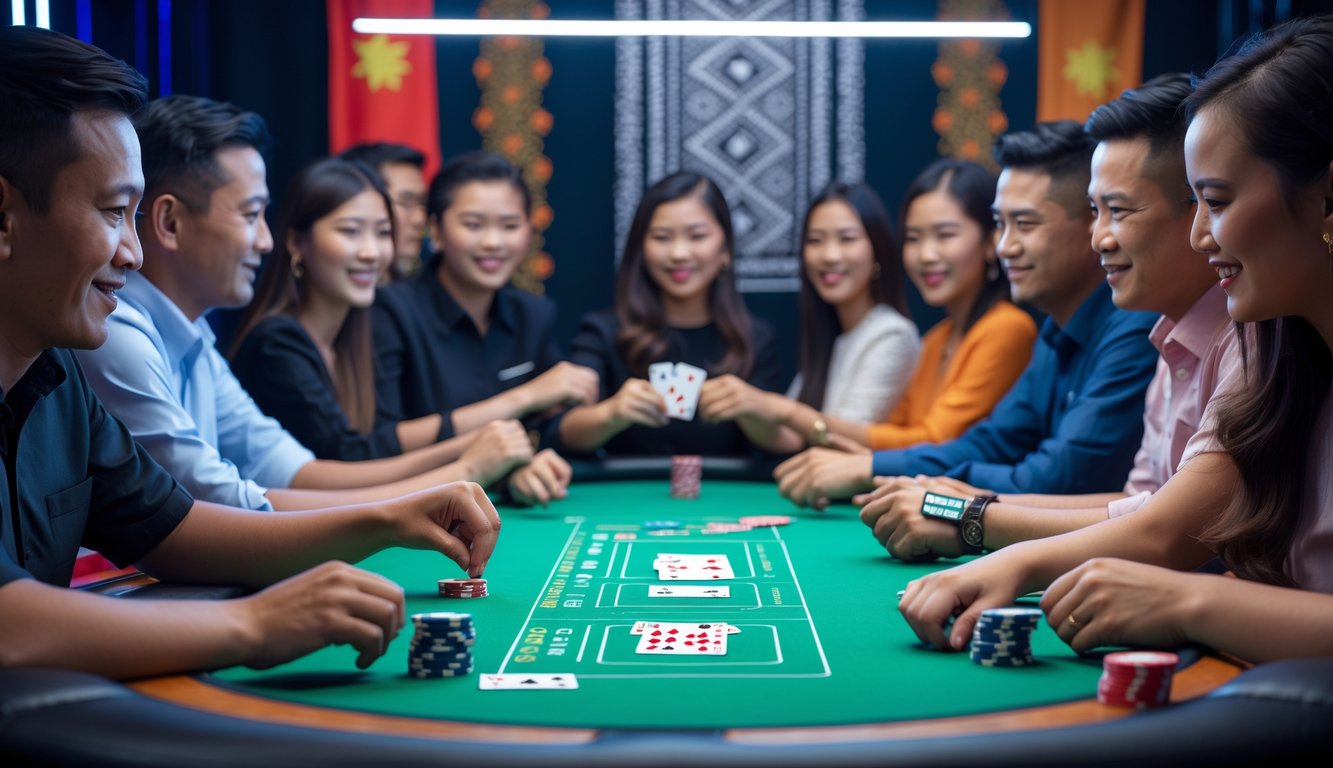 Beberapa orang dewasa sedang bermain poker online di meja hijau dengan kartu dan chip, menunjukkan suasana permainan yang serius dan menarik.