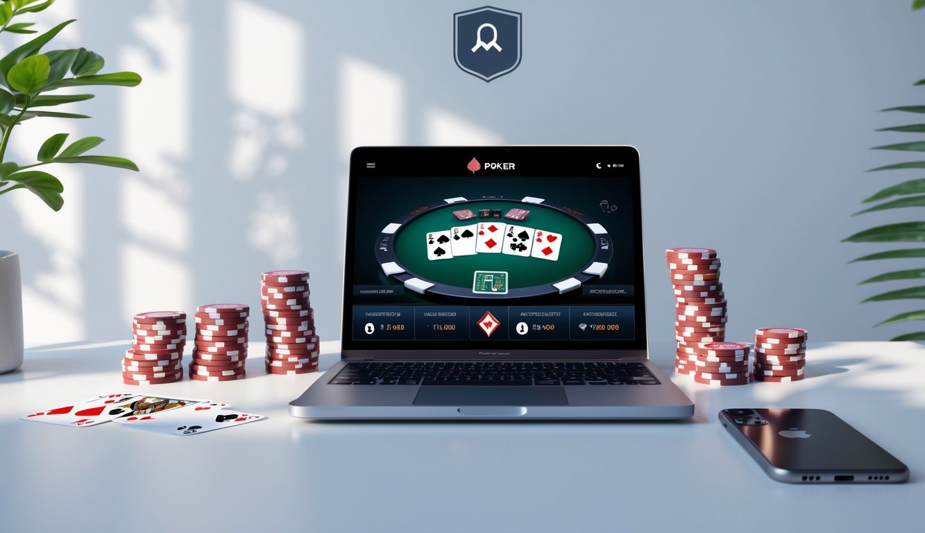 Suasana ruang kerja modern dengan komputer yang menampilkan permainan poker online dan beberapa chip serta kartu poker di sekitarnya.