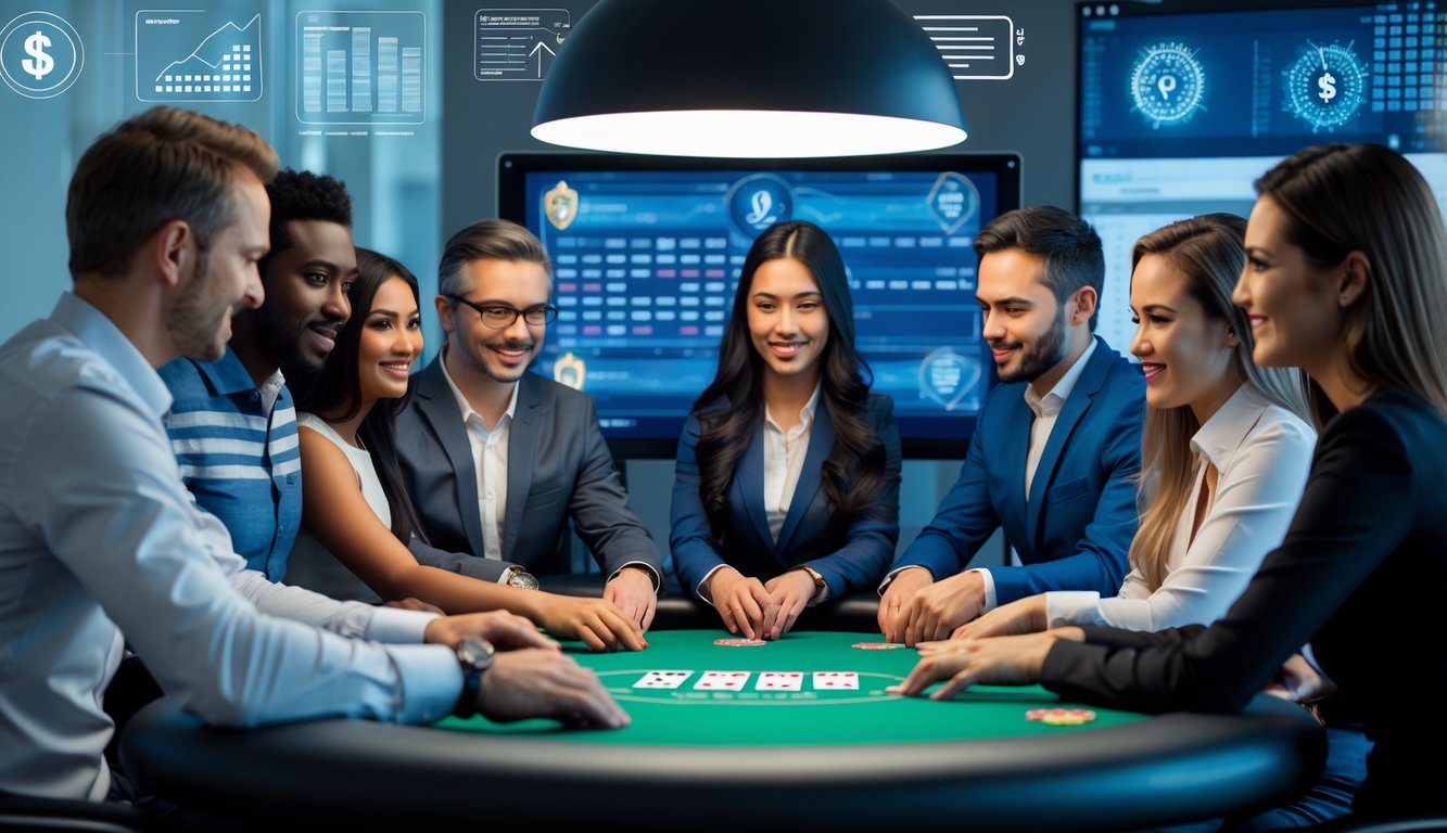 Sekelompok orang beragam bermain poker online di meja digital dalam ruangan kantor modern yang terang.