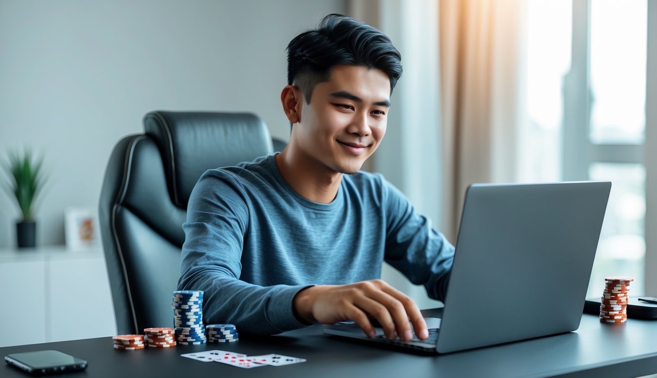 Seorang pria muda Indonesia duduk di meja dengan laptop, bermain poker online dengan tumpukan chip dan kartu di dekatnya.
