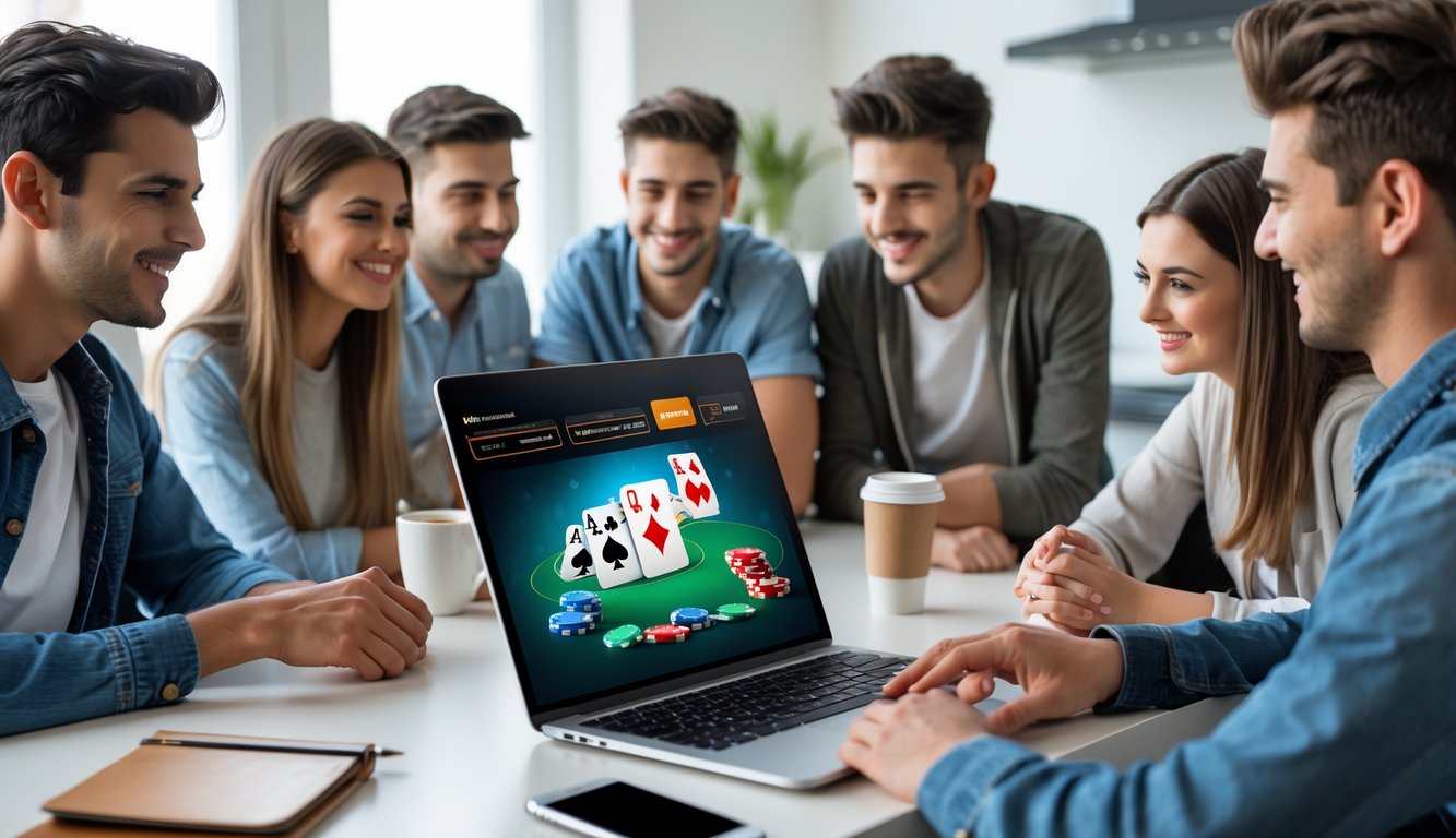 Sekelompok orang muda sedang bermain poker online di depan komputer di ruangan yang terang dan nyaman.