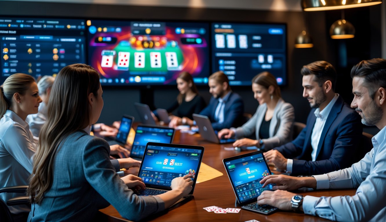 Sekelompok orang dewasa bermain poker online di meja dengan komputer dan tablet, fokus dan serius dalam suasana turnamen.