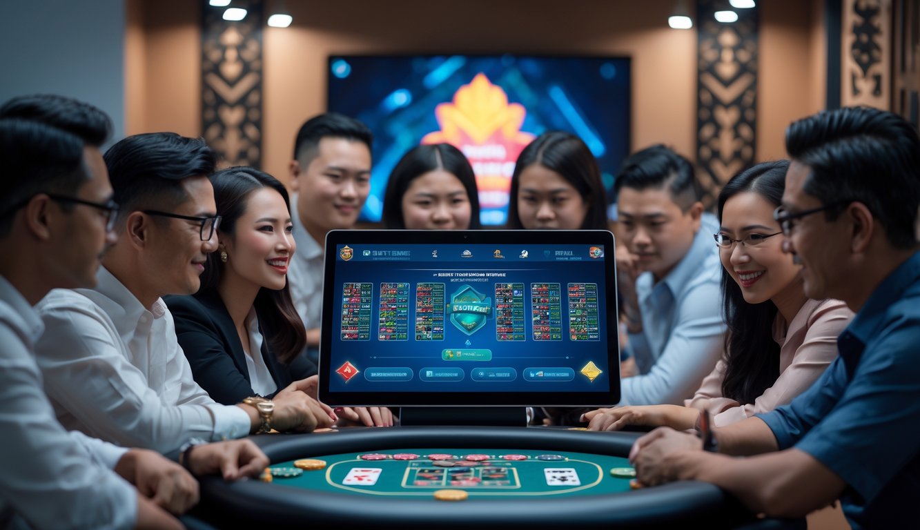 Sekelompok orang sedang bermain poker online di meja digital dengan suasana turnamen yang profesional dan modern.