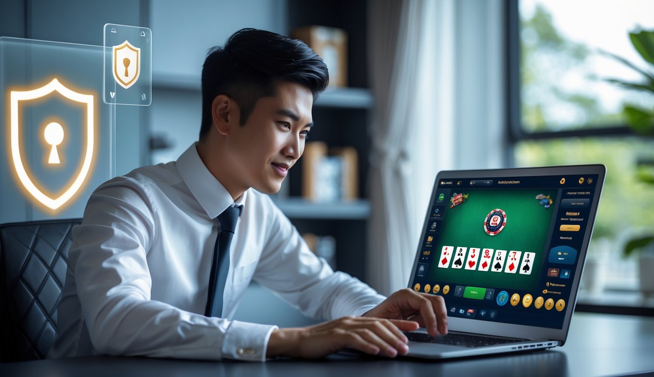 Seorang pria muda Indonesia duduk di meja dengan laptop yang menampilkan permainan poker, di ruang kerja modern yang terang dan rapi.