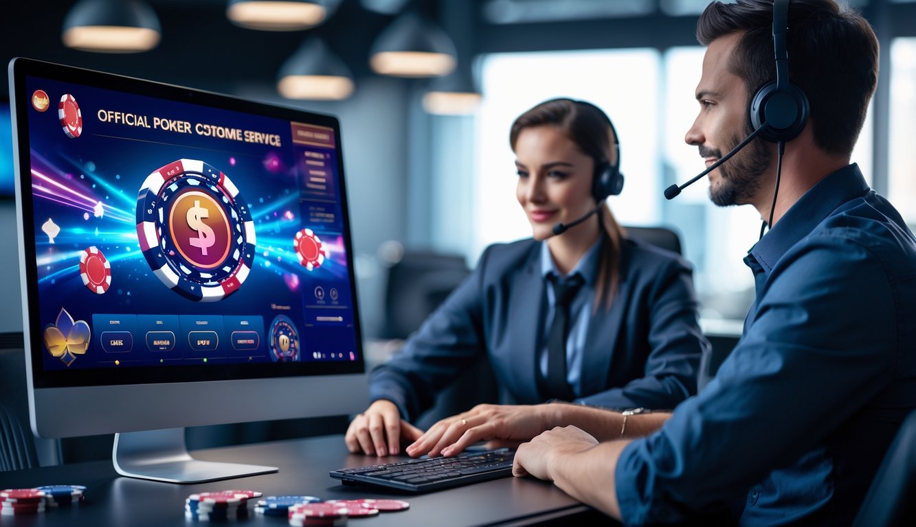 Seorang perwakilan layanan pelanggan dengan headset sedang membantu pemain poker online di depan komputer dalam ruangan kantor yang terang.