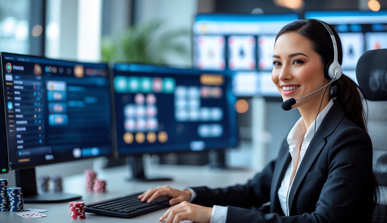 Seorang perwakilan layanan pelanggan tersenyum dengan headset di kantor modern dengan layar komputer menampilkan permainan poker.