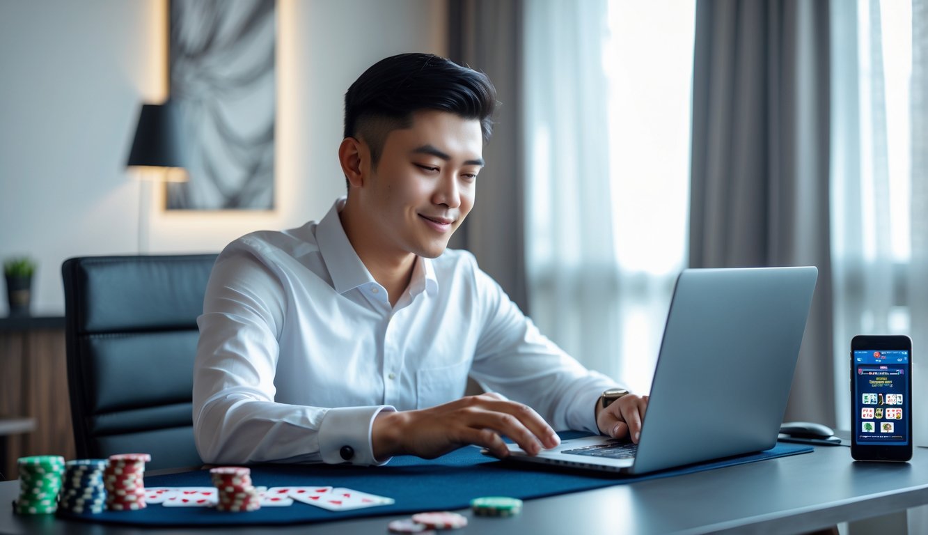Seorang pria muda Indonesia duduk di meja dengan laptop sedang bermain poker online, dikelilingi chip poker dan kartu remi di ruangan yang terang dan nyaman.