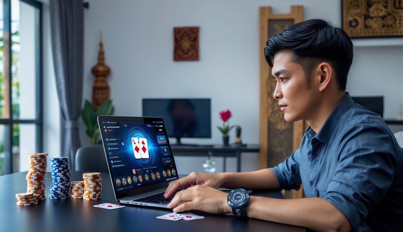 Seseorang sedang fokus bermain poker online di laptop di ruang kerja modern dengan chip poker dan kartu di meja.
