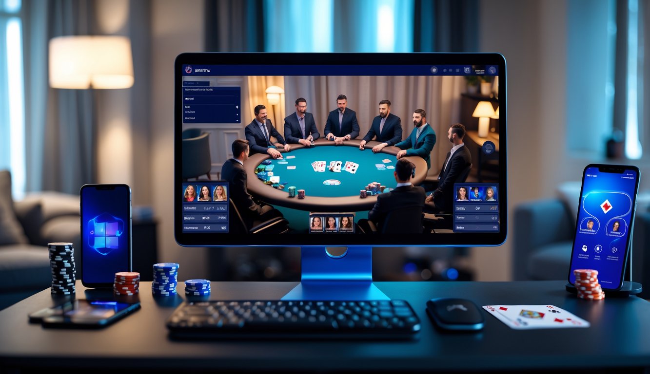 Sebuah layar komputer menampilkan permainan poker online dengan meja poker virtual dan beberapa avatar pemain di ruangan yang nyaman dan rapi.