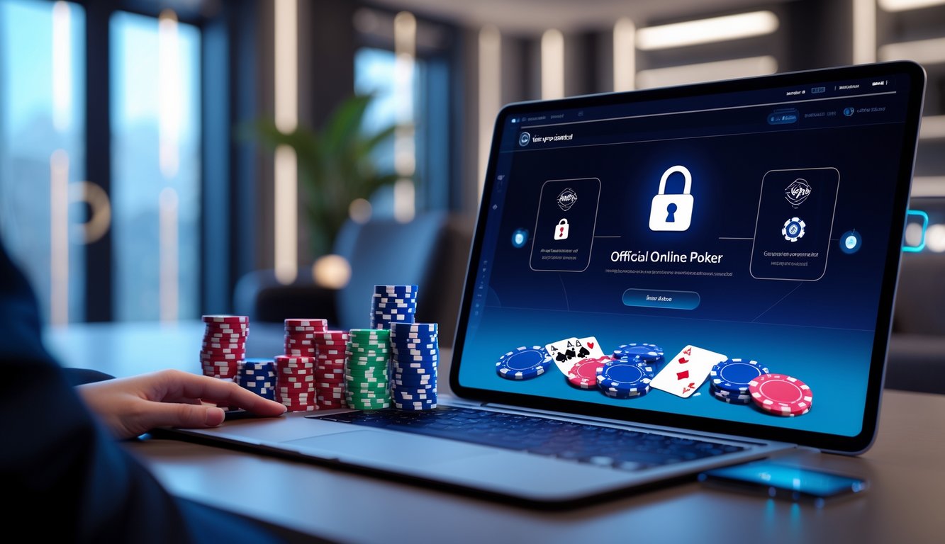 Meja poker digital dengan kartu dan chip poker di layar komputer di ruangan modern yang terang dan aman.
