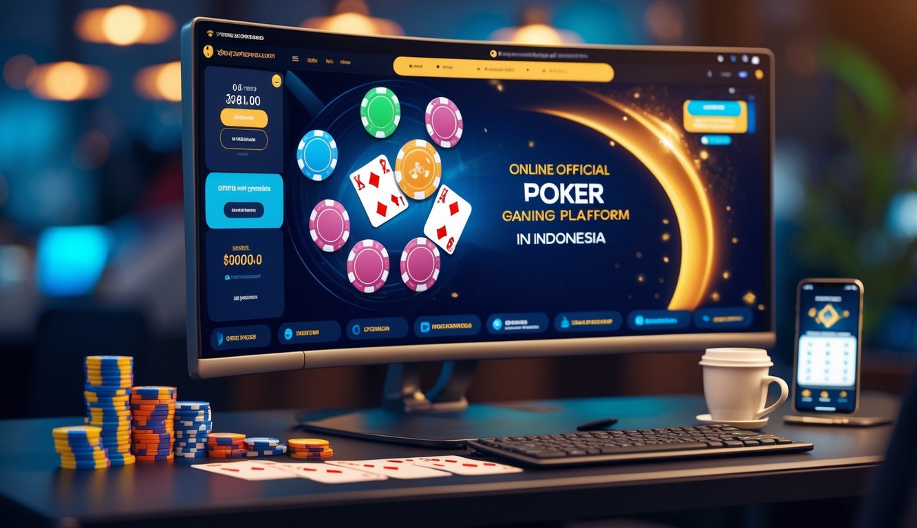 Meja komputer modern dengan monitor menampilkan permainan poker online, tumpukan chip poker, kartu bermain, dan ponsel yang menunjukkan aplikasi poker.